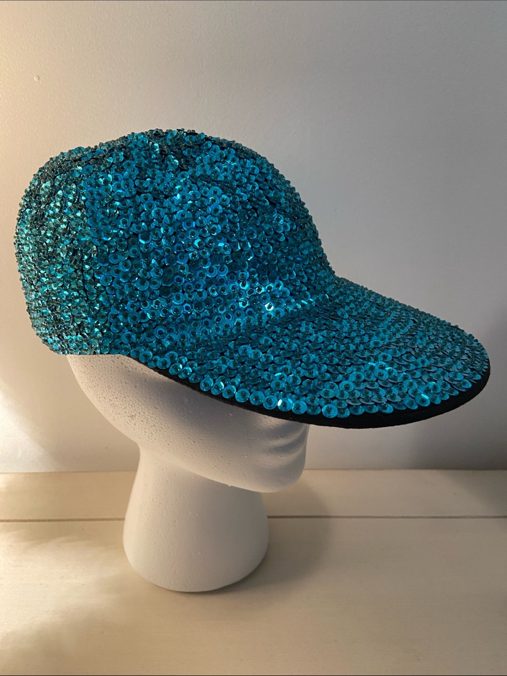 Handmade Turquoise Teal Sequin Baseball Hat One Size Fits Most Festive Colorful